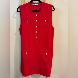 Zara Red Sleeveless Knit Dress with Gold Buttons